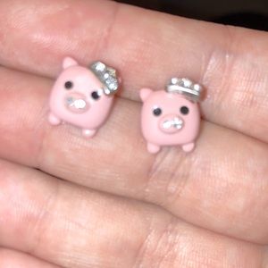 Cute real diamond piglet earrings